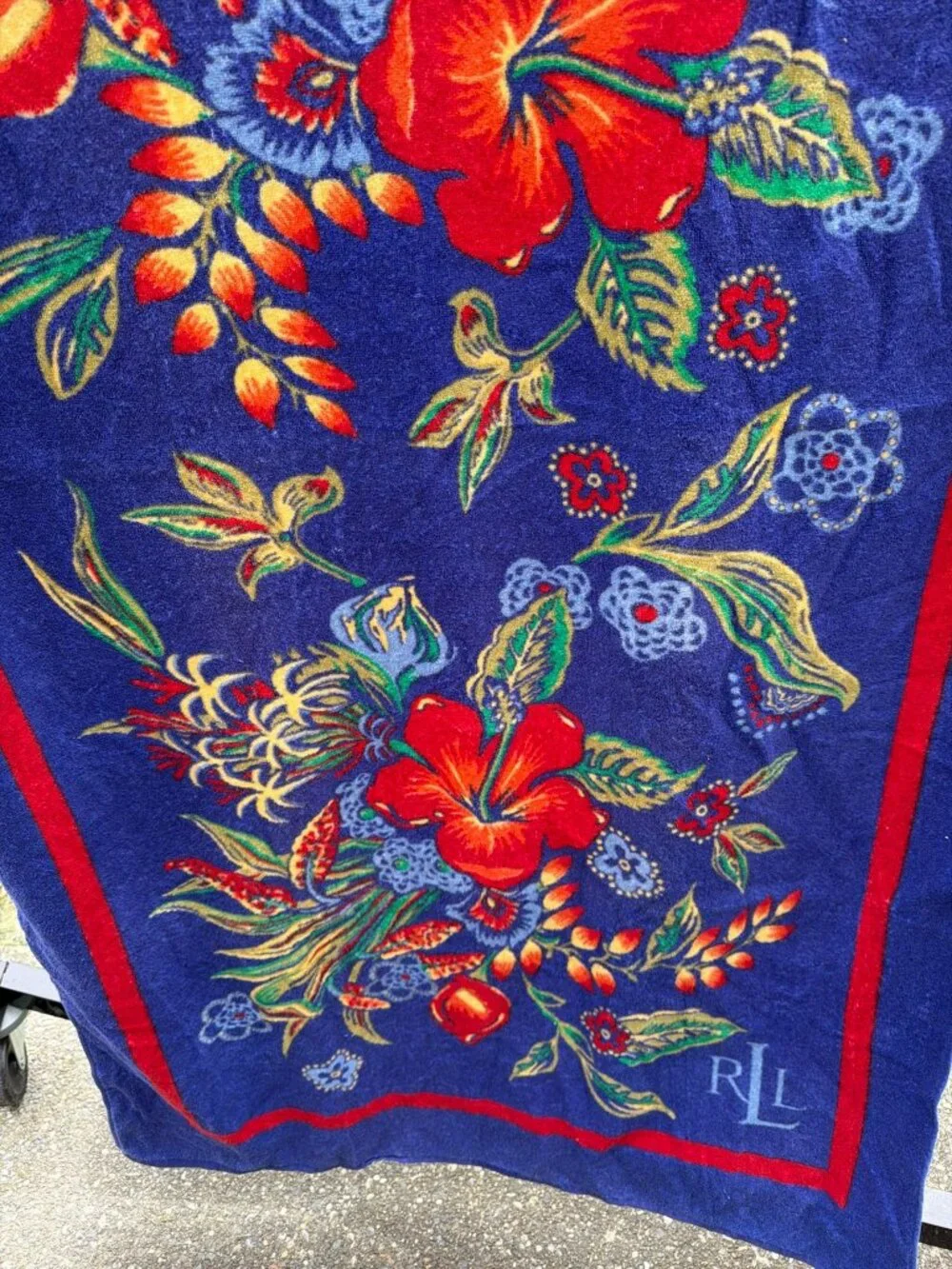 Vintage 90s Ralph Lauren Beach Towel Blue Red Hibiscus Floral RLL Logo Cotton La
